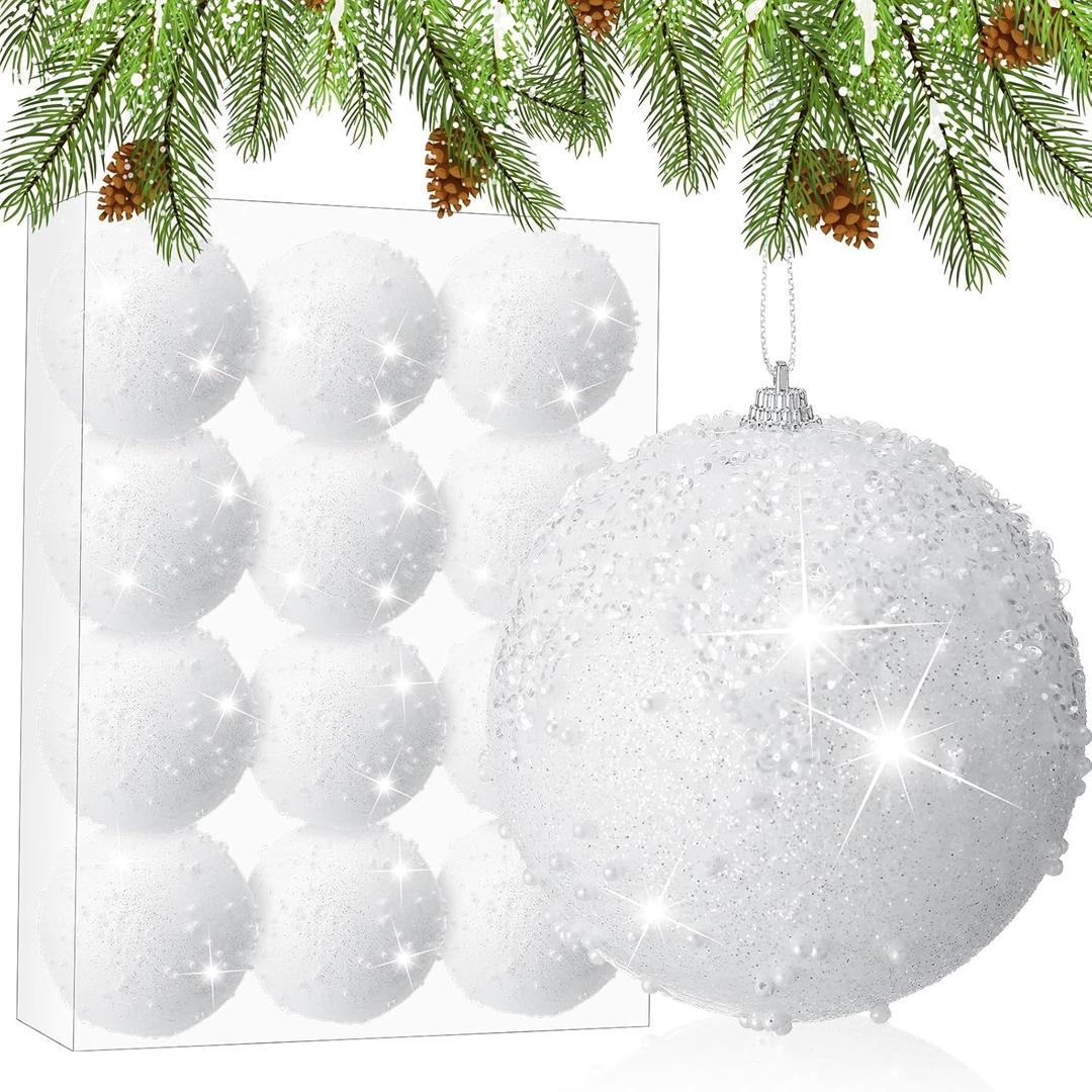 12 Pieces 3 Inch Christmas Ball Ornaments Glitter Sequin Balls Christmas Tree Balls Shatterproof Decorative Xmas Bauble Hanging Set for Xmas Holiday Decor(White)