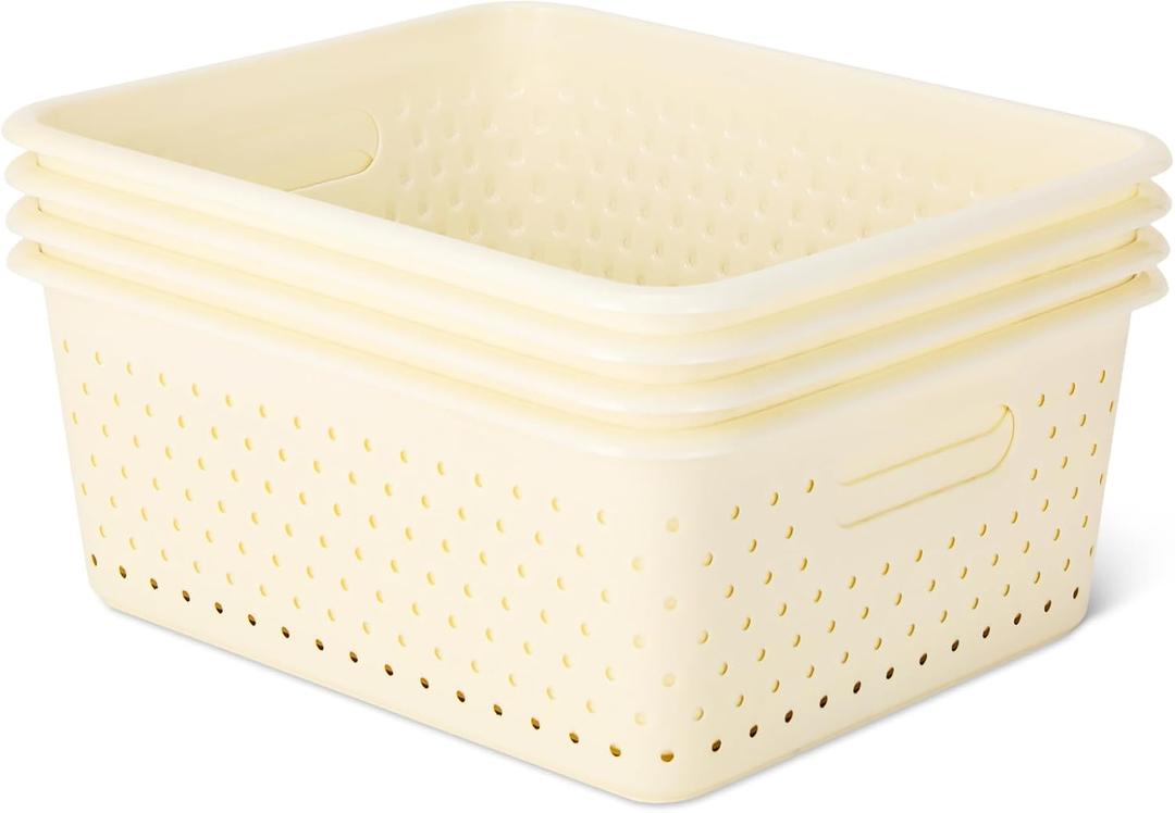 Amazon Basics Decorative BPA-Free Plastic Storage Baskets, 13.66 x 11.34 x 5.39 inches, Ivory, 4-Pack