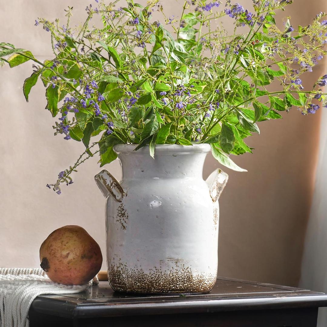 Quoowiit Ceramic Rustic Farmhouse Vase, Distressed Decorative Flower Vase for Home Decor, Ideal Shelf Decor, White Boho Vase for Living Room Bedroom Kitchen Office Decor Centerpiece Table Decorations (8 Inch)