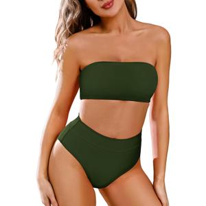 Pink Queen Women's Removable Strap Wrap Pad Cheeky High Waist Bikini Set Swimsuit, Color: 01 - Army Green, Small