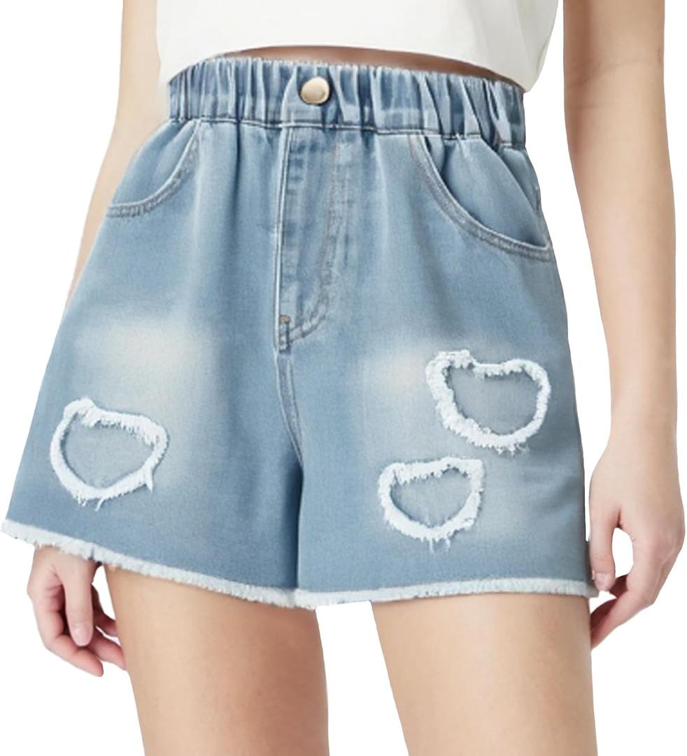 Curipeer Girls Jean Shorts, Distressed Elastic Waist with Pockets | Soft Breathable Durable Cotton, Ripped Patch Summer Fall Daily Denim Jorts, Little Kids Teen Girl
