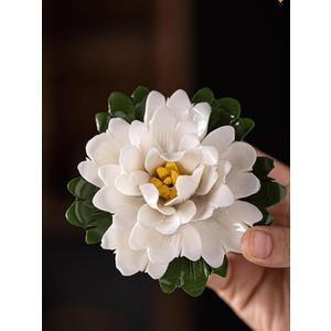 Porcelain Peony Incense Stick Holder, 3.8in White Flower Table Decoration, Gift for Mom and Grandma
