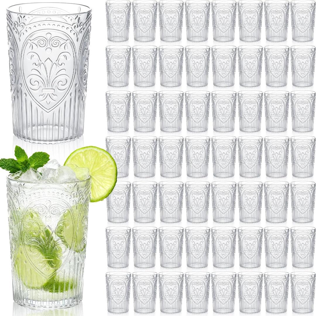 Plastic Vintage Drinking Glasses - 16 oz Stemless Ribbed Highball Glasses Bulk Embossed Reusable Cups for Water Beer Cocktails Juice Wedding Bridal Shower Birthday Event Party(Clear,100 Pcs), 3.1 inch /8 cm x 5.1 inch / 13 cm