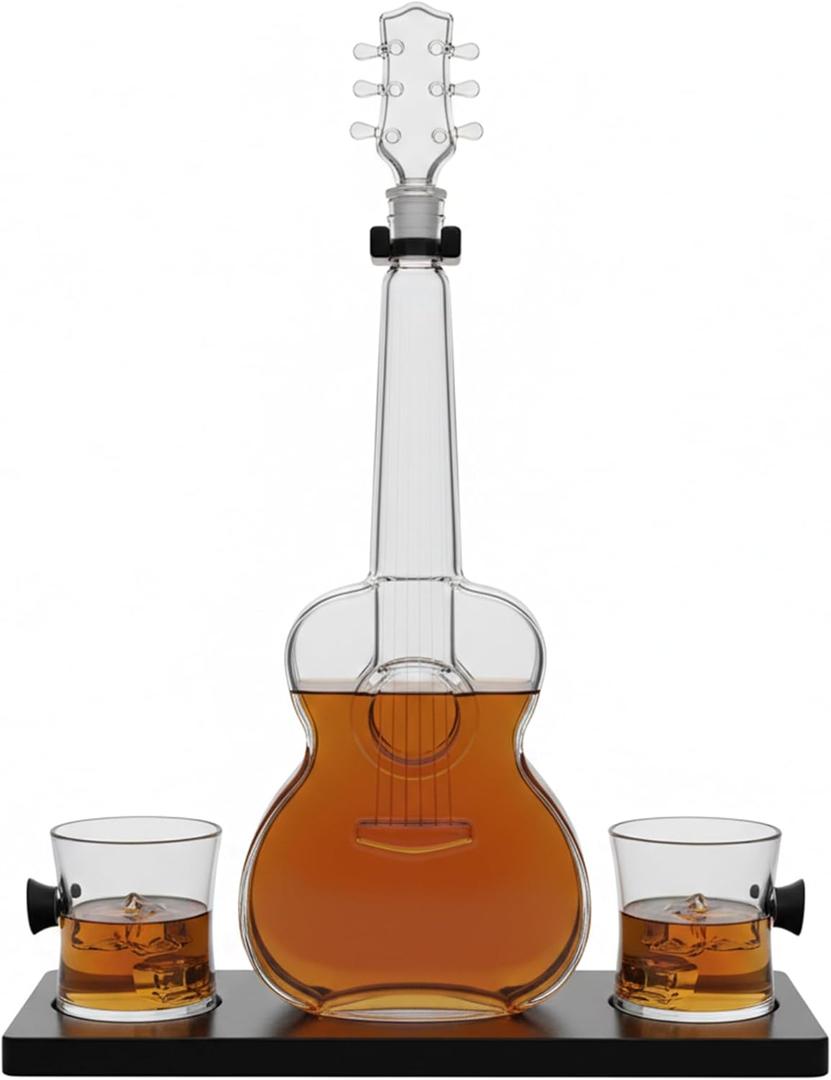 Guitar Decanter Set  1000ml Glass Whiskey Decanter with Wooden Stand & 300ml Glasses  Elegant Musical Design for Wine, Whiskey & Spirits  Unique Gift for Music Lovers, Parties