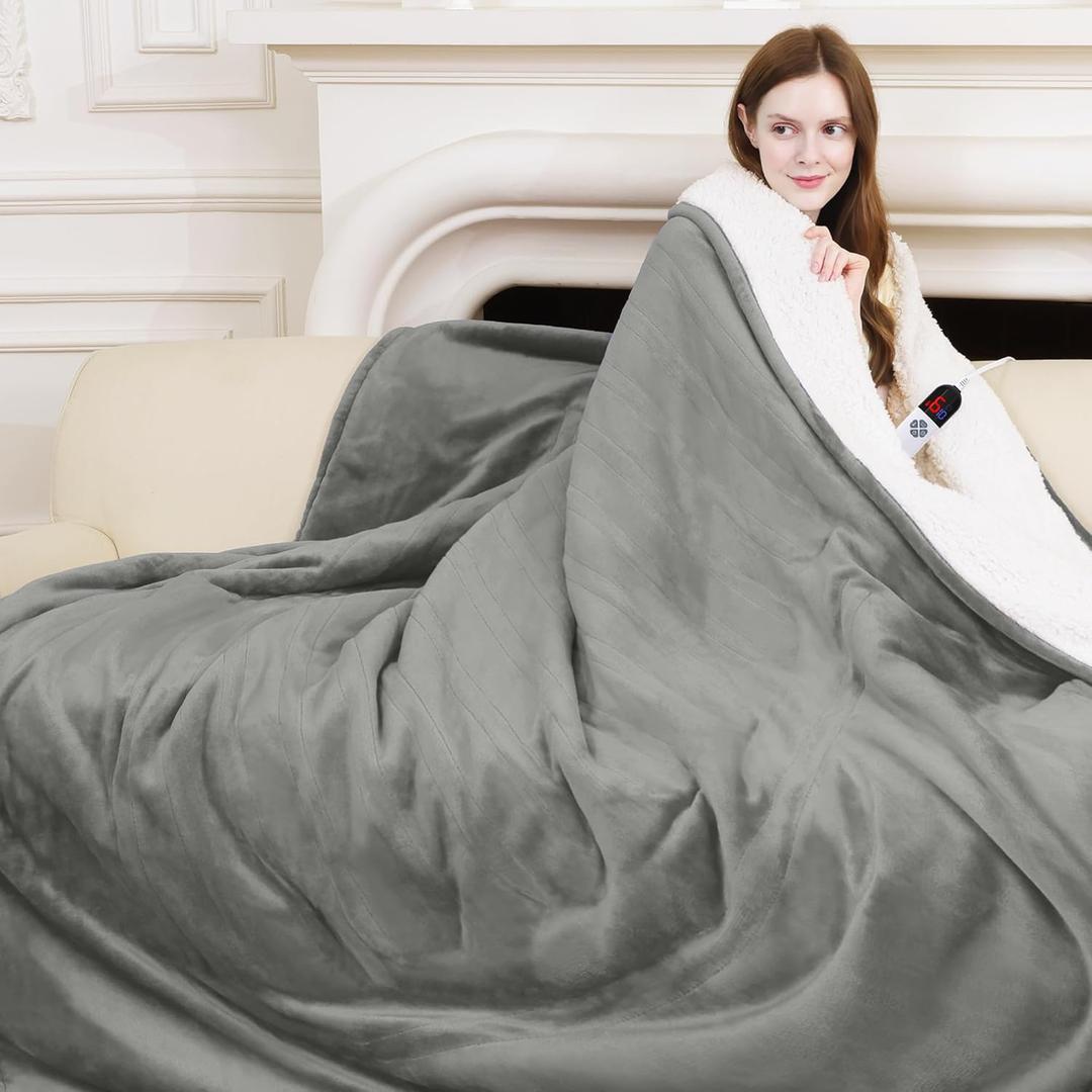 Electric Heated Blanket Full Size 72" x 84" - Fluffy Ultra Soft Flannel Electric Lap Blanket with 6 Heating Levels & 10 Hours Adjustable Timer, Fast Heating and Washable for Office (Grey)