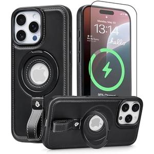 BUTAIGA Magnetic Ring Grip Holder for iPhone 16 Pro Max Case Leather | iPhone 16 Pro Max Leather Case with Stand | Compatible with MagSafe (Black, IP 16 Pro Max-6.9inch)