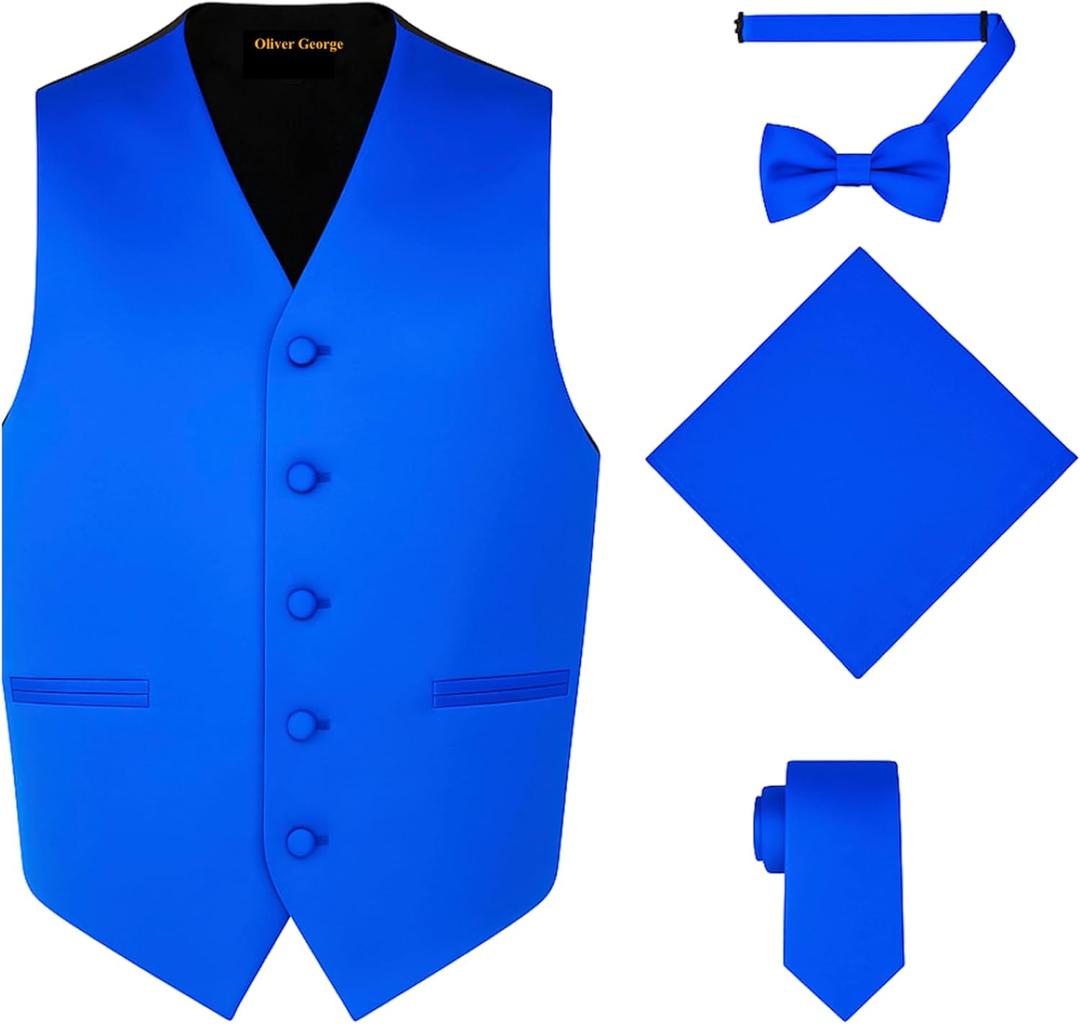 Oliver George 4pc Men's Solid Formal Suit Waistcoat Tuxedo Dress Vest Necktie Bowtie Handkerchief Set for Suit or Tuxedo (XL, Royal Blue)