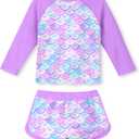 Vogseek Girls Rash Guard Two Pieces Swimsuit Long Sleeve Bathing Suit for 3-10 Years (7-8 Years, D-purple Blue)