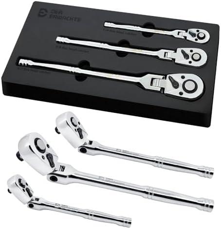 Der Erwachte 3-Piece Flex-Head Ratchet Set, 1/4", 3/8", 1/2" Drive Ratchet, 72-Tooth with Quick-Release Reversible Design, Chrome Alloy Made, Fully Polished,with EVA Foam