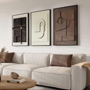 3D Textured Framed Abstract Wall Art, 3 Piece Modern Paintings Artwork for Walls, Black White Brown Geometric Sandstone Texture Pictures for Living Room Dining Room Bedroom Office Wall Decor 16x24 In