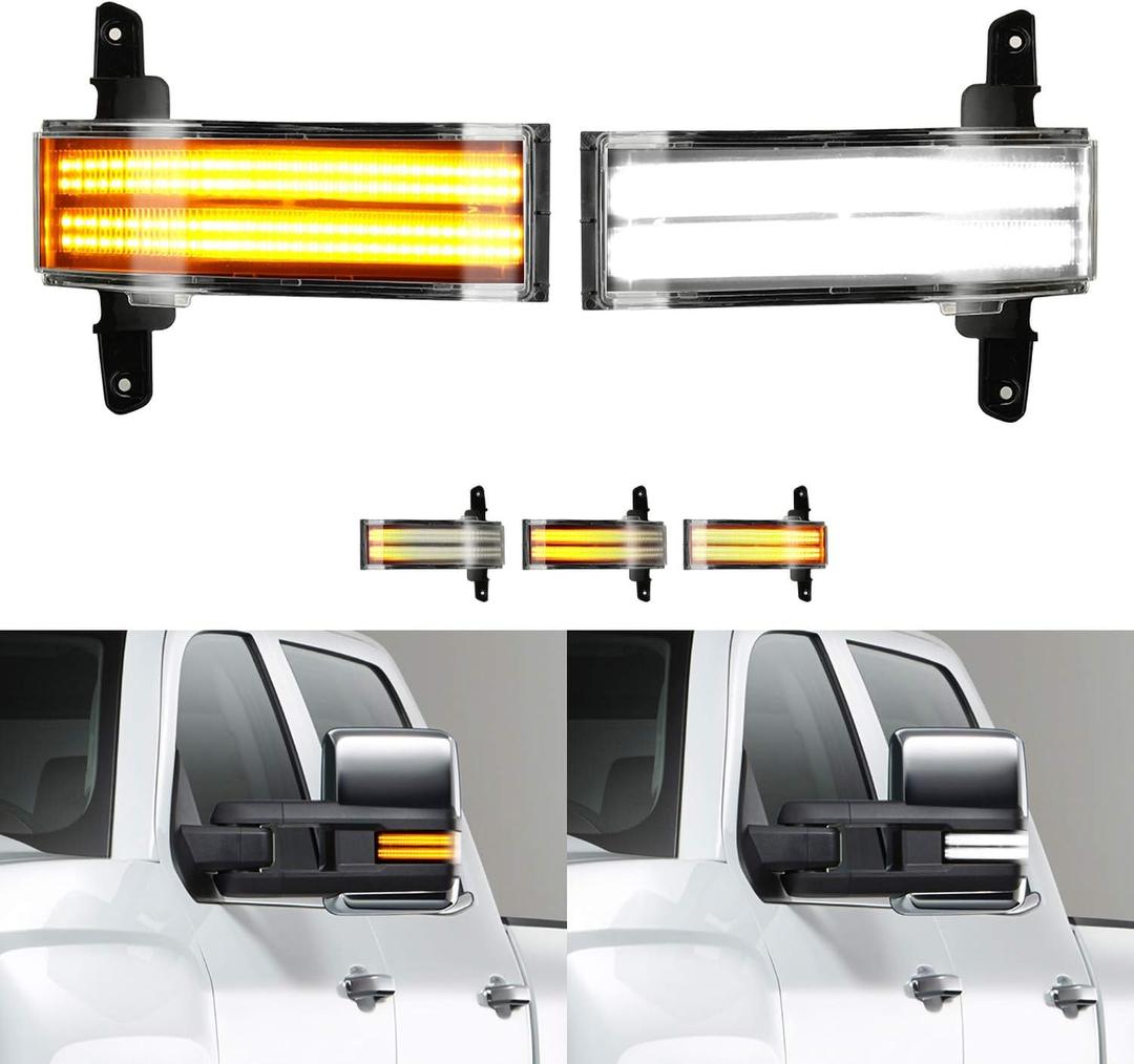 ROCCS LED Sequential Amber Side Mirror Marker Turn Signals White Parking Cargo Lights Switchback Tow Mirror Light for 2014-2019 Chevy Silverado GMC Sierra 1500 2500HD 3500HD, Clear Lens