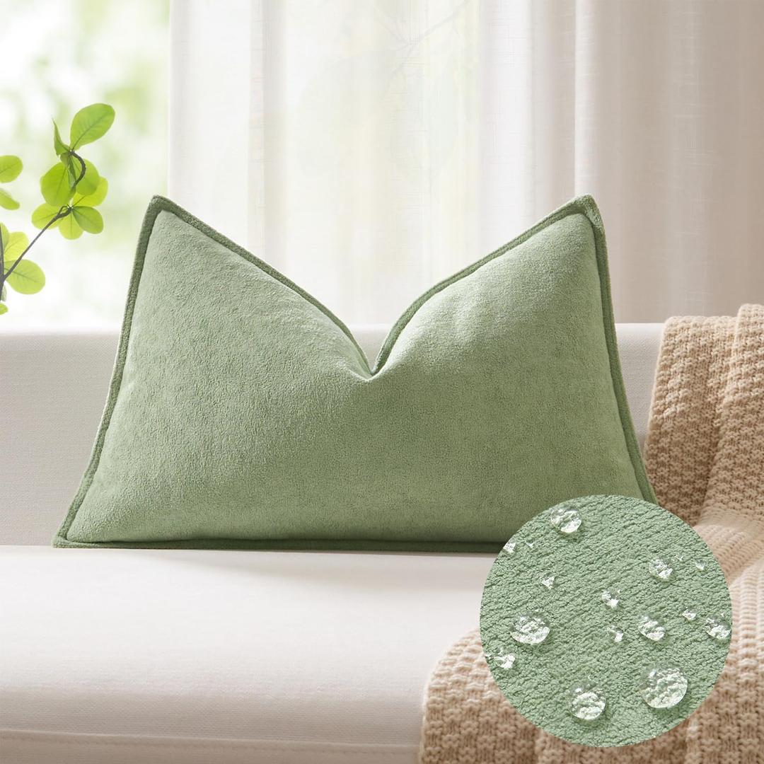 Kevin Textile Spring 12x24 Inch Lumbar Pillow Cover 1 Pack Soft Boucle Textured Decorative Waterproof Rectangle Cushion Elegant Accent Pillow for Couch Sofa Chair Bed Indoor Outdoor Sage Green