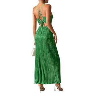 OYOANGLE Women's Summer Textured V Neck Sundress Tie Back Spaghetti Strap Pleated A Line Beach Long Maxi Party Dress, Green, Small