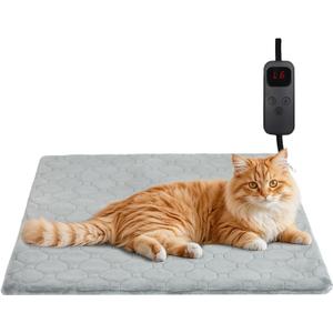 Pet Heating Pad for Cats & Dogs Indoor Outdoor, Warming Cat Heating Pad with Chew Resistant Cord, Adjustable Temperature & Time, Heated Cat Bed Mat Waterproof for Cats Small Dogs, 17.7''  17.7'' (Grey)