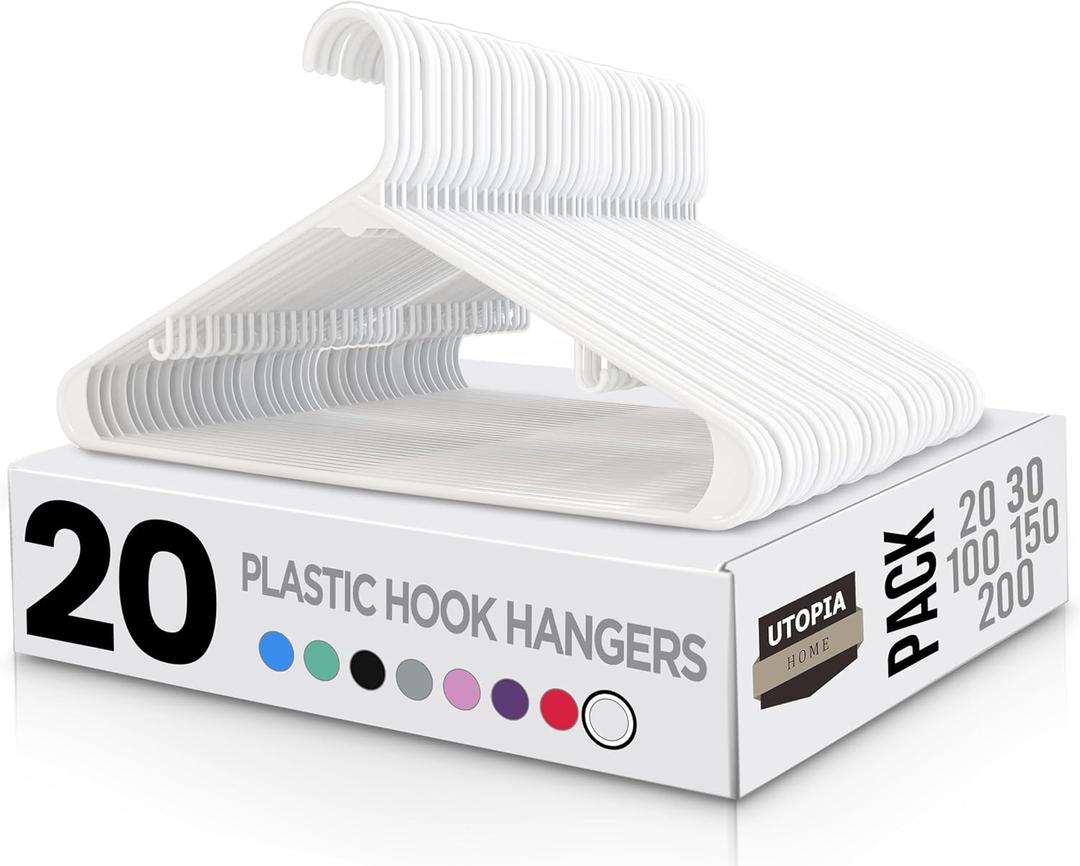 Utopia Home Plastic Hangers 20 Pack - Space Saving Clothes Hanger - Durable & Strong Closet Organizers and Storage with Built-in Strap Hooks - Essential for Shirts, Pants, Skirts & Coats (White)