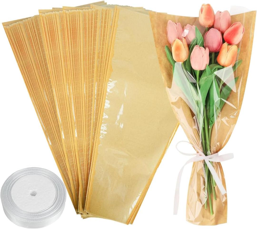 NEUROVYRAL 50 Pcs Flower Bouquet Sleeves Bouquet Wrapping Paper with 1 Ribbon Florist Wrap Supplies Kraft Paper Floral Packing Flower Bags for Wedding Mother's Day Graduation Gift
