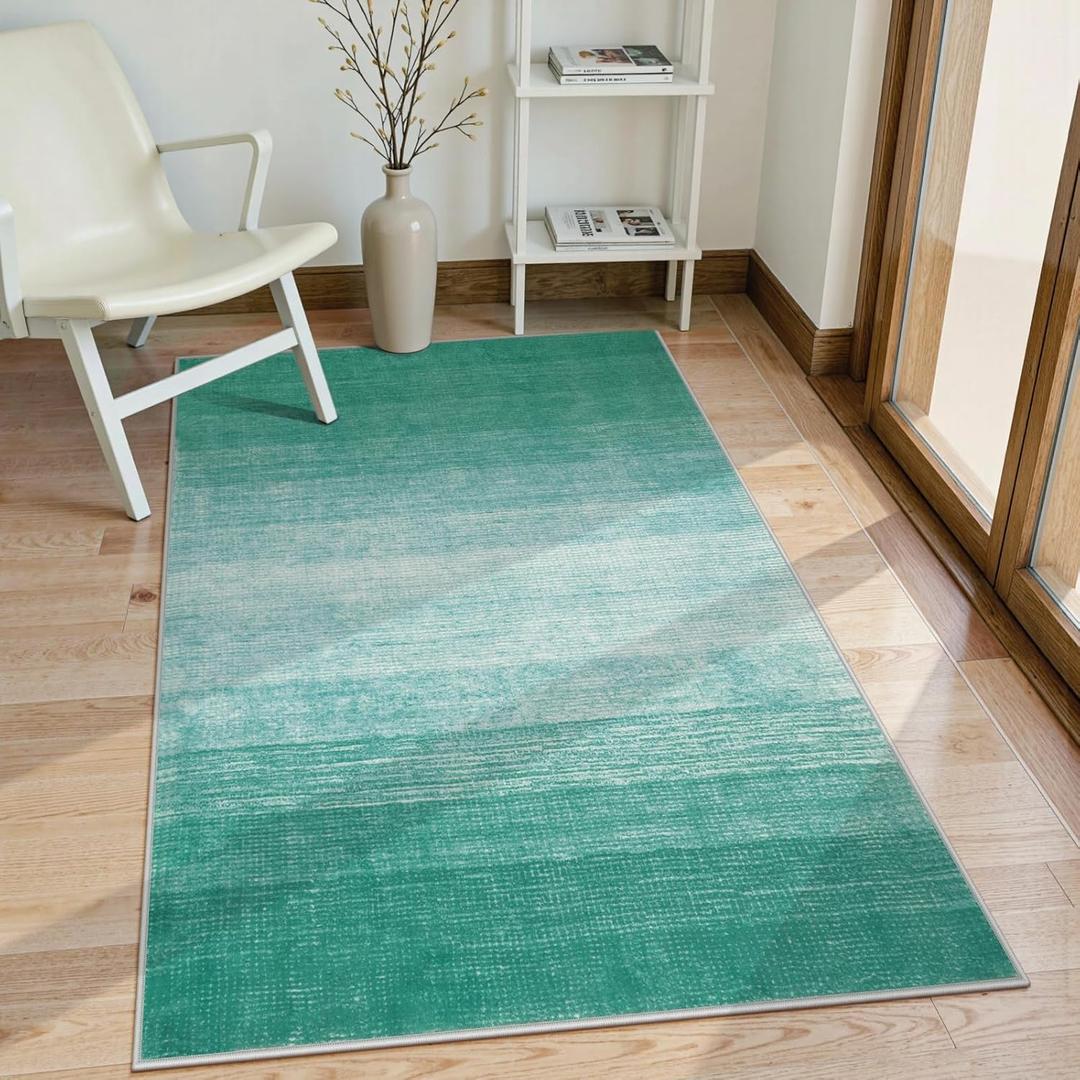 Wonnitar Modern Ombre 3x5 Area Rug, Teal Washable Bedroom Rug, Non-Slip Abstract Soft Nursery Throw Mat, Contemporary Stain Resistant Gradient Entry Soft Carpet for Bathroom Dorm (Teal, 3'x5')