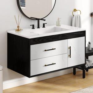DWVO 36 Inch Floating Bathroom Vanity with Sink | Wall Mounted Bathroom Vanity with Marble Pattern, 2 Drawers & 1 SoftClose System Cabinet, Predrilled Three Holes