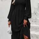 PRETTYGARDEN Women's Fall Dresses 2025 Long Sleeve V Neck Swiss Dot Empire Waist Chiffon Dress Ruffle Smocked Midi Dresses (Black, L)