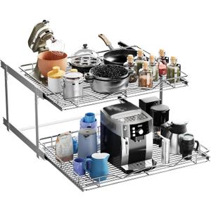 HOLDN STORAGE Two Tier Pull Out Cabinet Organizer, Individual Sliding Drawers - Heavy Duty Metal - Anti Rust Chrome Finish - 28" W x 21D x 16.5" H HOLDN STORAGE Two Tier Pull Out Cabinet Organizer, Individual Sliding Drawers - Heavy Duty Metal - Anti Rust Chrome Finish - 28" W x 21D x 16.5" H