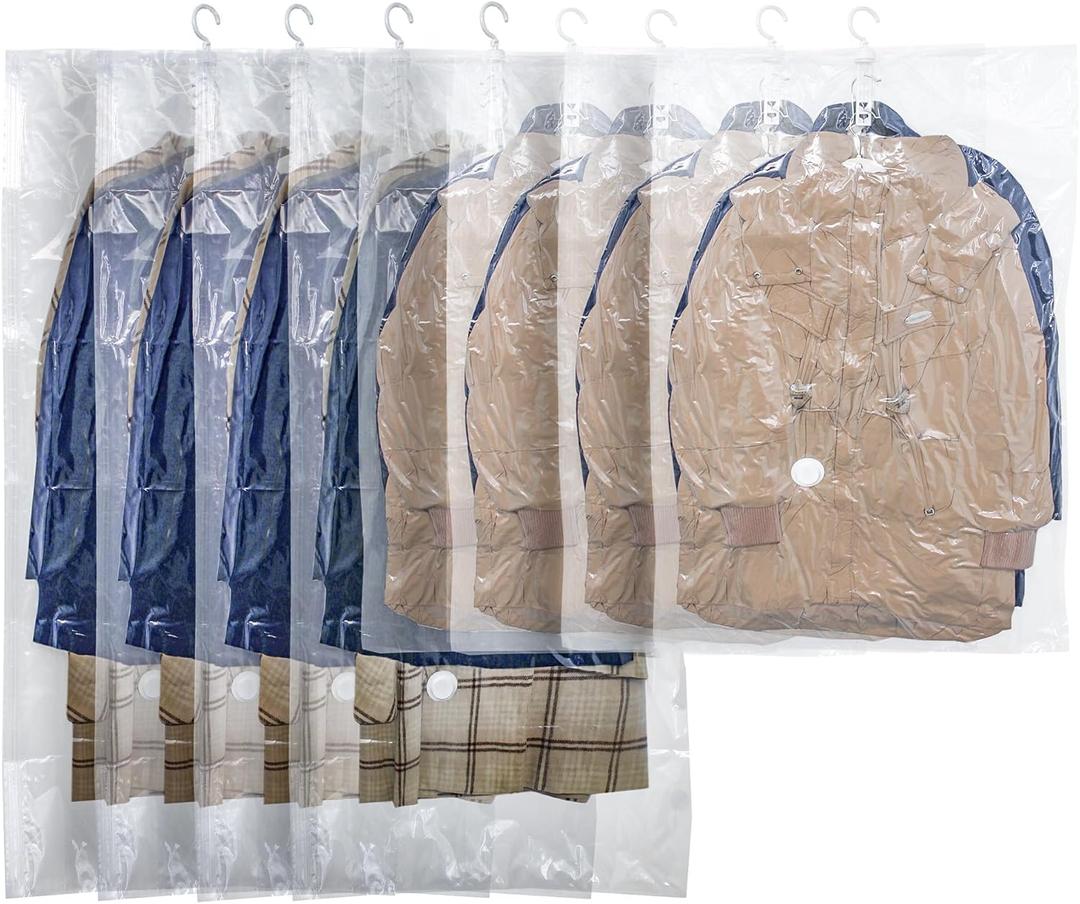 Hanging Vacuum Storage Bags,Hanging Vacuum Sealer Storage Space Saver Bags for Clothes, Suits, Coats, Dresses or Jackets, Reusable Compressed Vacuum Bags Closet Organizers,8 Pack(4 Long,4 Short)