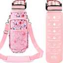 Newfad 32 oz Water Bottles with Straw & Strap, Motivational Water Bottles with Times to Drink, BPA Free Reusable Sports Water Bottle with Sleeve Carrier for Hiking, Travel, Running or Fitness