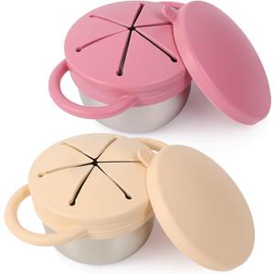 2 Pack Stainless Steel Spill Proof Snack Cup for Baby Toddlers Kids, with Silicone Food Catcher, Travel Lid, Spill-Proof Bowl Containers, Toddlers Essentials, Non Toxic BPA Free (Pink and Yellow)