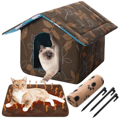 Ylinge Cat House Outdoor Waterproof Houses for Feral Cats Dogs Pet Shelter Collapsible Dog House with Self Warming Pad Blanket, 3 Pcs Tent Stakes(14 x 12 x 13 Inch)