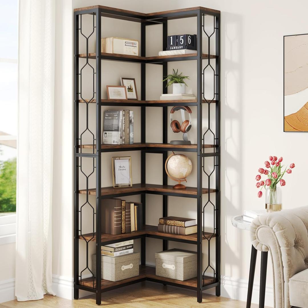 Tribesigns Corner Shelf, 7-Tier Industrial Corner Bookshelf and Bookcase | Freestanding Display Shelf for Living Room, Wood and Metal Corner Book Shelves, Corner Bookcase for Home Office, Rustic Brown