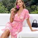 Womens Summer Ruffle Short Sleeve Dress V Neck Flowy Chiffon Layers Boho Dresses (Pink)