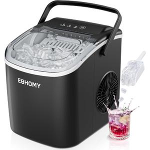 EUHOMY Countertop Ice Maker Machine with Handle, 26lbs in 24Hrs, 9 Ice Cubes Ready in 6 Mins, Auto-Cleaning Portable Ice Maker with Basket and Scoop, for Home/Kitchen/Camping/RV. (Black) (11.57"D x 11.42"W x 8.74"H)