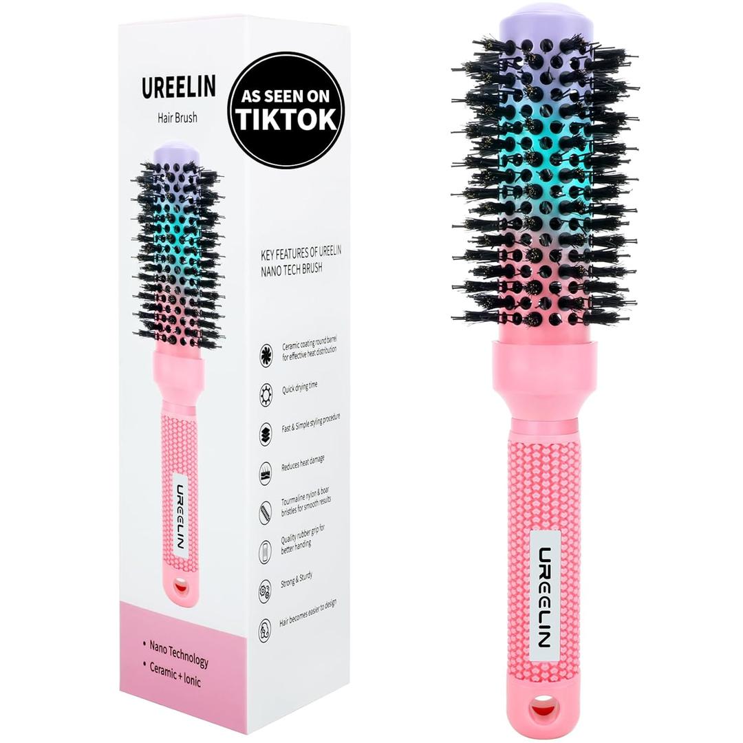 UREELIN Round Brush for Blow Out - 1.3 Inch Small Nano Thermal Ceramic & Ionic with Boar Bristles - Salon Blow Drying Hair Brush for Drying,Volumizing, Curling, Shine & Smooth Styling