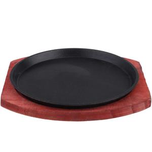 Non-Stick Cast Iron Grill Pan with Wooden Base, 7.4 Inch Round Sizzling Plate for Steak, Fajitas, Vegetables, and Seafood, Retains Heat for Induction Cooker