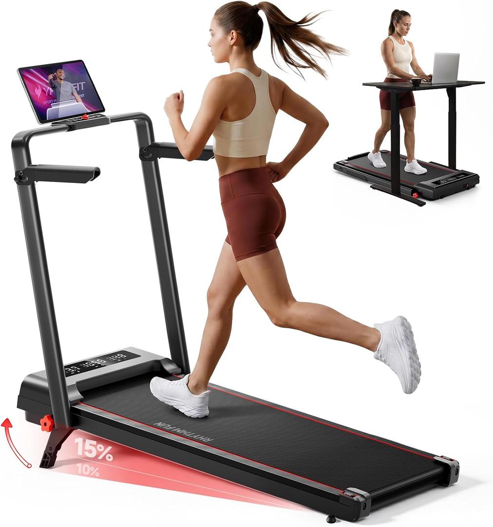 RHYTHM FUN Treadmill with Incline, Walking Pad with Handle Bar,300lbs Walking Pad with APP, Portable Folding Walking Treadmills for Home/Office with Low Noise