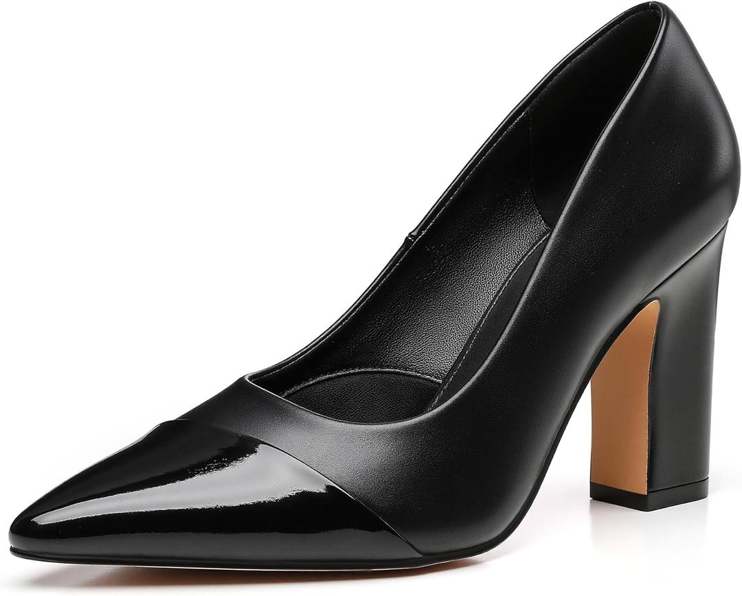 Trary Heels for Women Closed Pointed Toe Chunky Pumps Shoes Women Block High Heels Comfortable Slip-On Dress Office Party Wedding Shoes 3.54" Heel (Black)