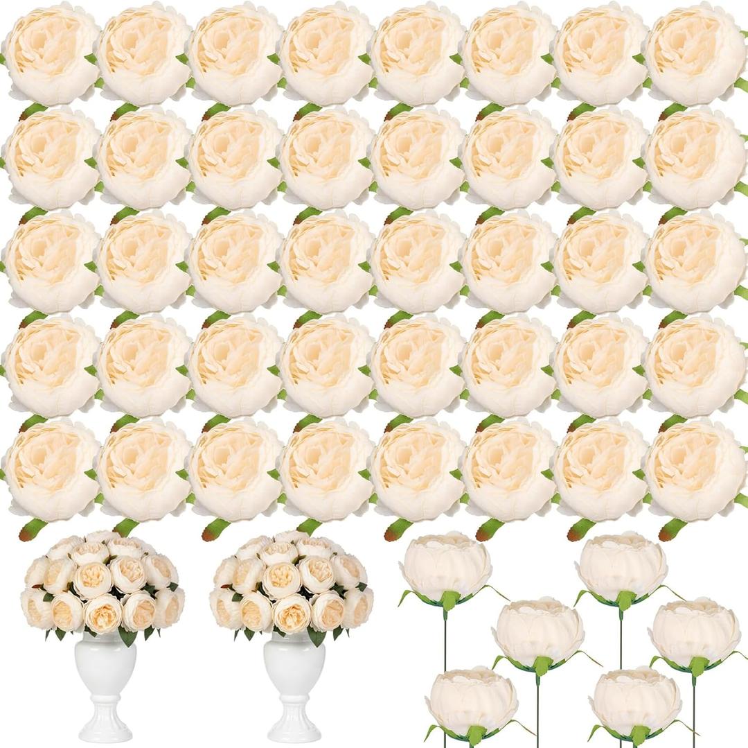 Suncalla 50 Pcs Artificial Peony Flower Bulk 3.5 Inch Silk Peony Flowers Heads with Stems Realistic Fake Roses for DIY Wedding Craft Bridal Bouquets Table Centerpieces Vase Home Decor (Cream)