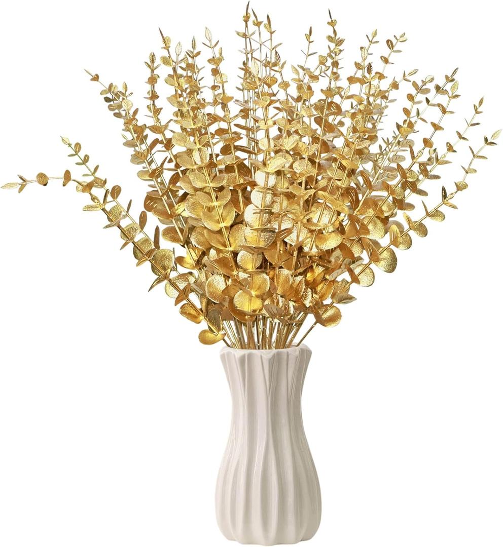 50 Pcs Gold Flowers Gold Eucalyptus Leaves Stems 15'' Faux Eucalyptus Leaves Decor Fake for Wedding Party Bouquet House Home Farmhouse Vase DIY Craft