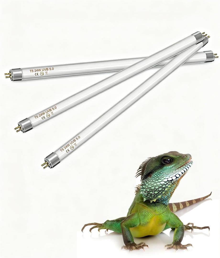 3 Pack 5.0 UVB Light for Reptiles, T5 HO 24 Watt Reptile Lamp Tube, Fluorescent UVB Bulb, Basking Light for Bearded Dragon, Simulate Natural Sunlight for Reptiles and Amphibians