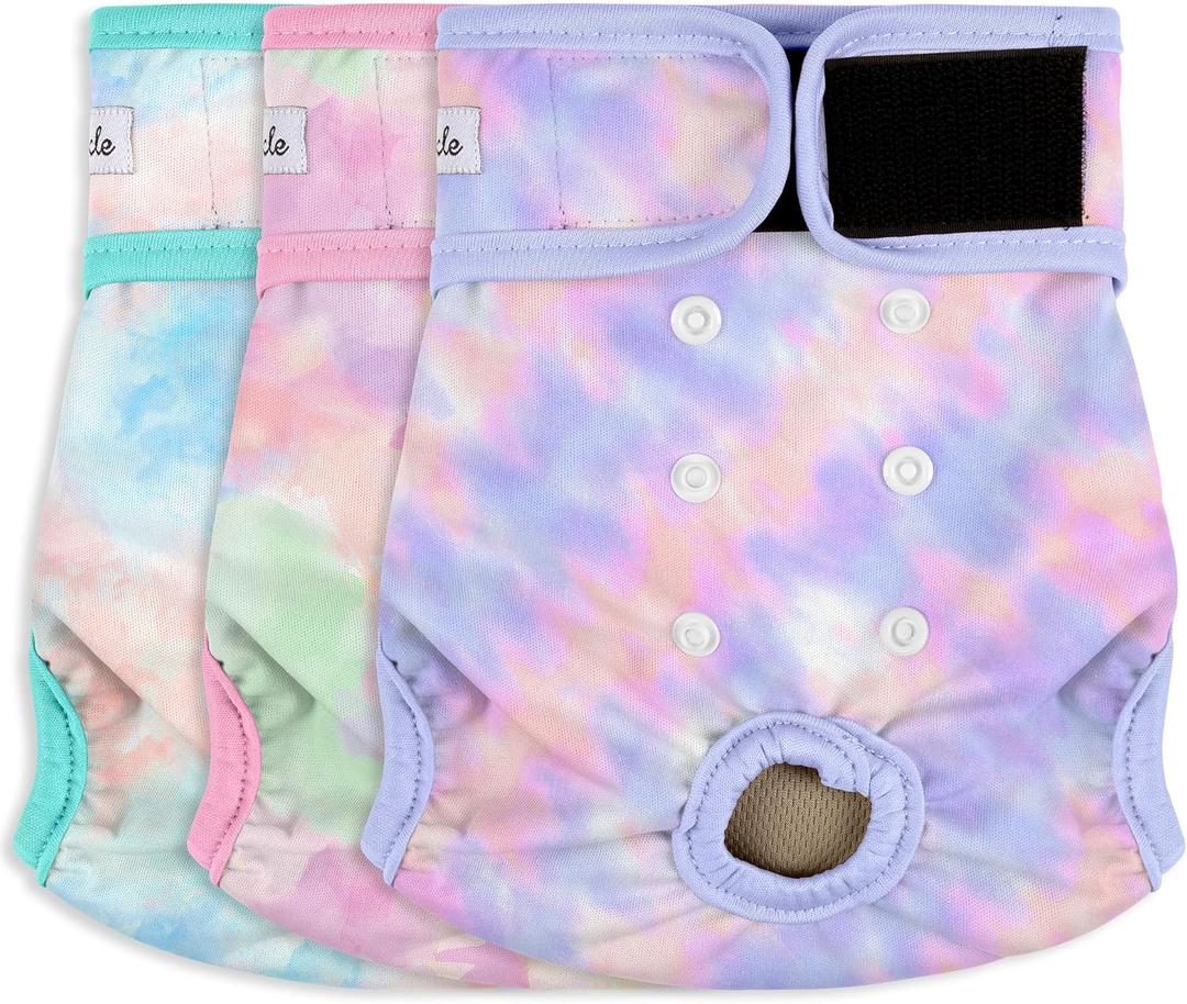 3 Pack Female Dog Diapers - Reusable Diapers for Doggie in Heat - Highly Absorbent Dog Diapers Female for Pet Incontinence with Adjustable Snaps (Tie Dye, L)