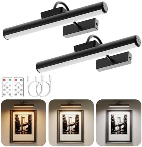 Skairipa Wireless Picture Light with Remote, Battery Operated Wall Sconce 5000mAh, 3 Color Modes and Dimmable LED Wall Lights with Timer for Painting, Frame, Gallery, Dartboard, Bedroom (Black-2Pack)