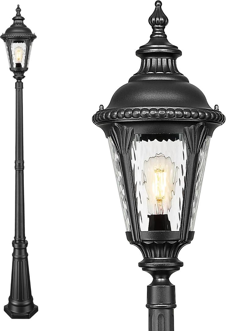 Emliviar 87 Inch Large Street Lamp, 1-Head Outdoor Lamp Post Light with Water Ripple Glass, Black Waterproof Pole Lights for Garden, Pathway, Backyard, Driveway, XE265PL-M-SW BK