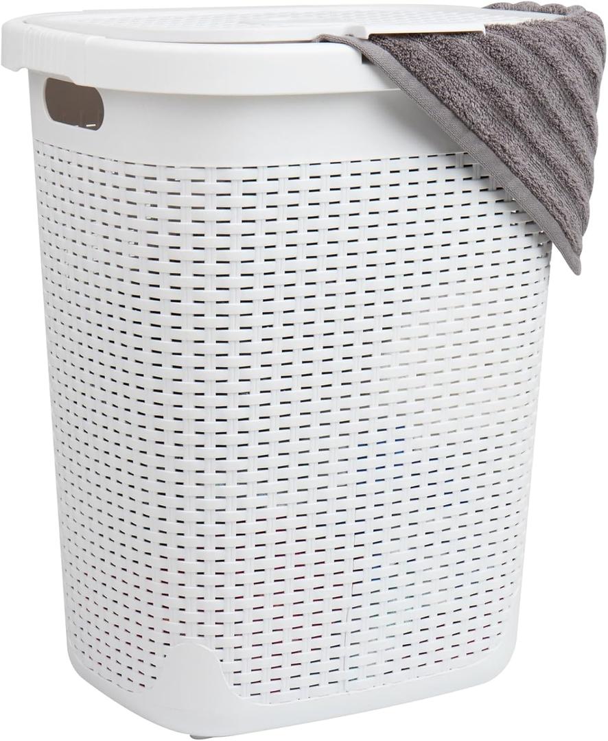 Mind Reader 50L Slim Laundry Hamper, Clothes Basket, Lid, Wicker Design, Plastic, 17.65"L x 13.75"W x 21"H, White