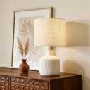 Ceramic Table Lamp, 17.75" Rustic Farmhouse Bedside Lamp with Beige Linen Shade, Warm Ambient Nightstand Lighting for Bedroom or Living Room, Off-White
