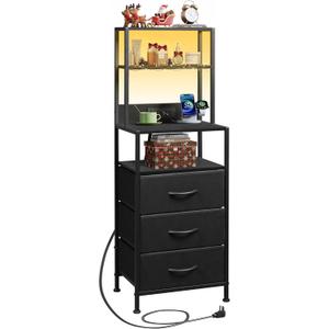 WLIVE Tall Nightstand with Charging Station, LED Night Stand with 3 Fabric Drawers and Storage Open Shelves, Bedroom Nightstand table, Bed Side Table for Living Room, Black