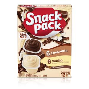 Snack Pack Chocolate and Vanilla Pudding Cups Family Pack, Lunchbox Snack, 12 Count (Pack of 1) (EXP 07/08/25)