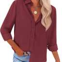 siliteelon Button Down Shirts for Women Dress Shirts Long Sleeve Wrinkle Free Work Office Fitted Blouse Tops with Pocket (Large, Dark Red)