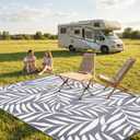 Smiry Outdoor Rug 8x10 ft Waterproof Reversible Leaf Mat, Grey & White