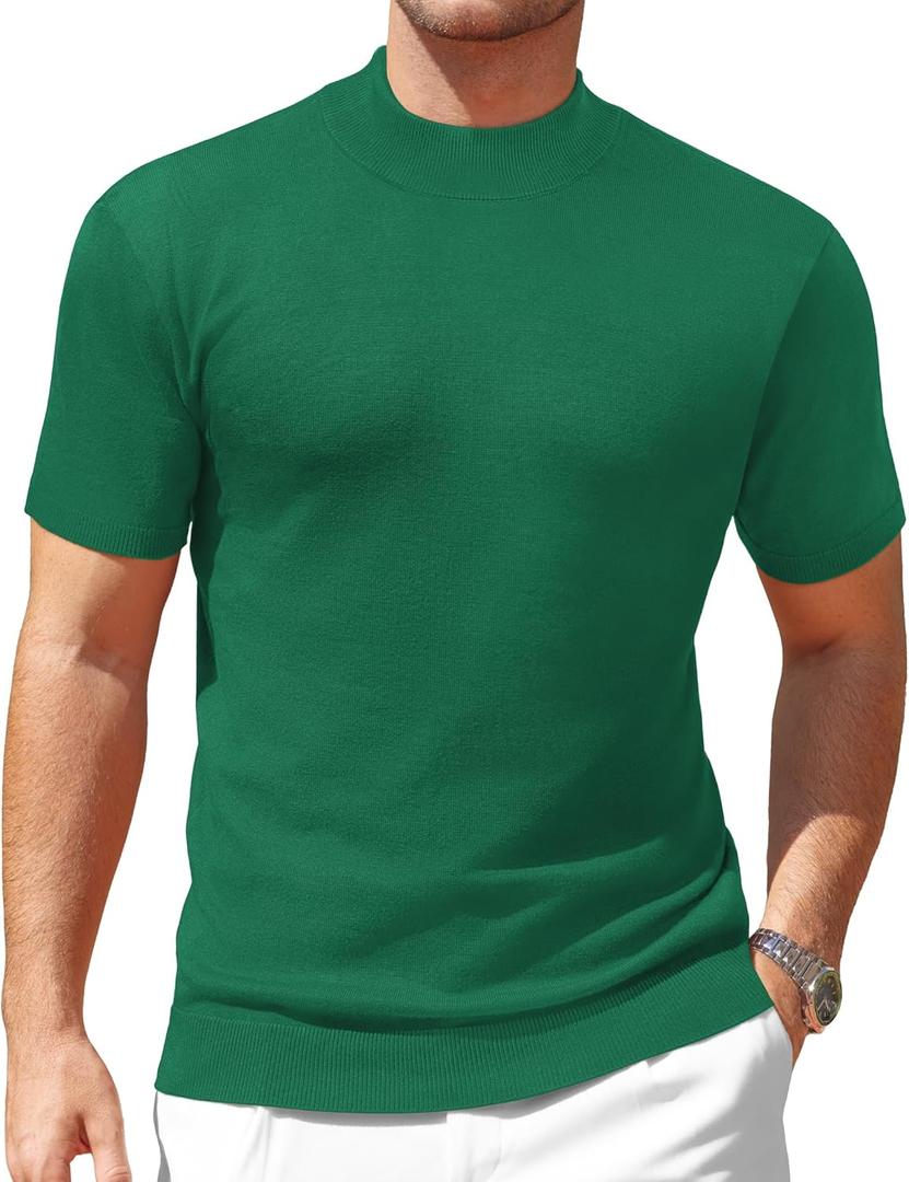 Vssjavun Men's Mock Neck Shirt Short Sleeve Turtleneck T-Shirt Slim Fit Pullover Casual Basic Tee (Green, XL)
