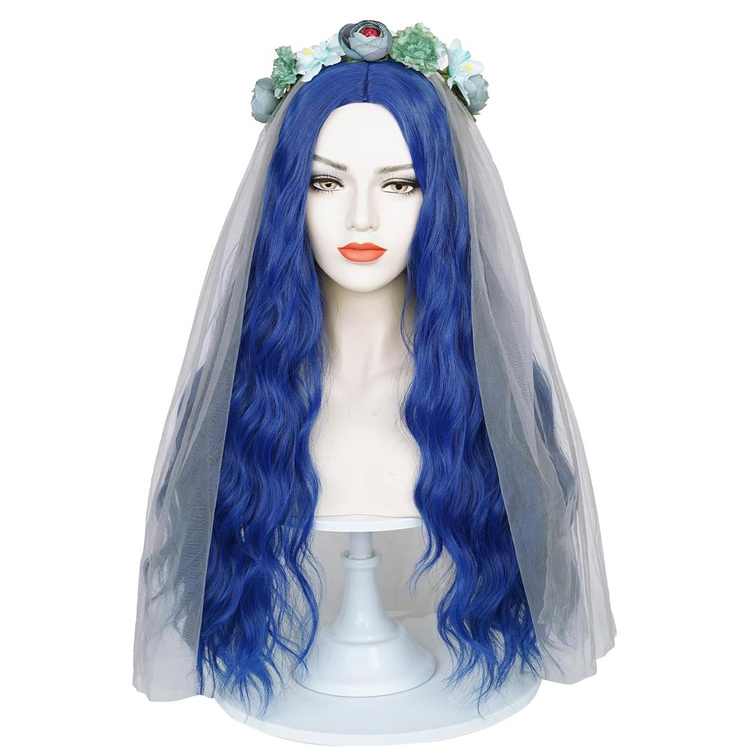 Wiggy Mermaid Blue Bride Wig for Corpse Costume, Long Wavy Wig with Bride Veil & Flower Crown + Wig Cap for Halloween Cosplay