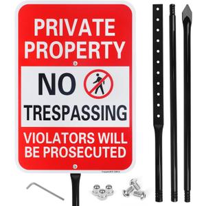 Large Private Property No Trespassing Sign with 54" Heavy Duty Metal Thick Stake, Violators Will Be Prosecuted, 17" x 12" .040 Aluminum Sign - Reflective, UV Protected and Weatherproof